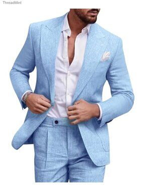 MOGU Linen Suit for Men 2 Piece Summer Tuxedo Beach Wedding